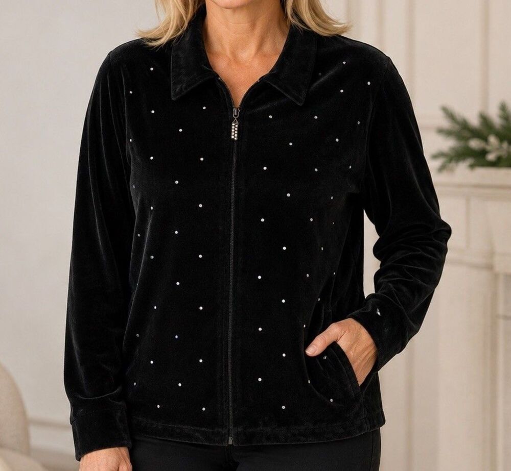 Vintage Quacker Factory Black Velvet Shirt Women's XL Rhinestones 1990s Zip Up